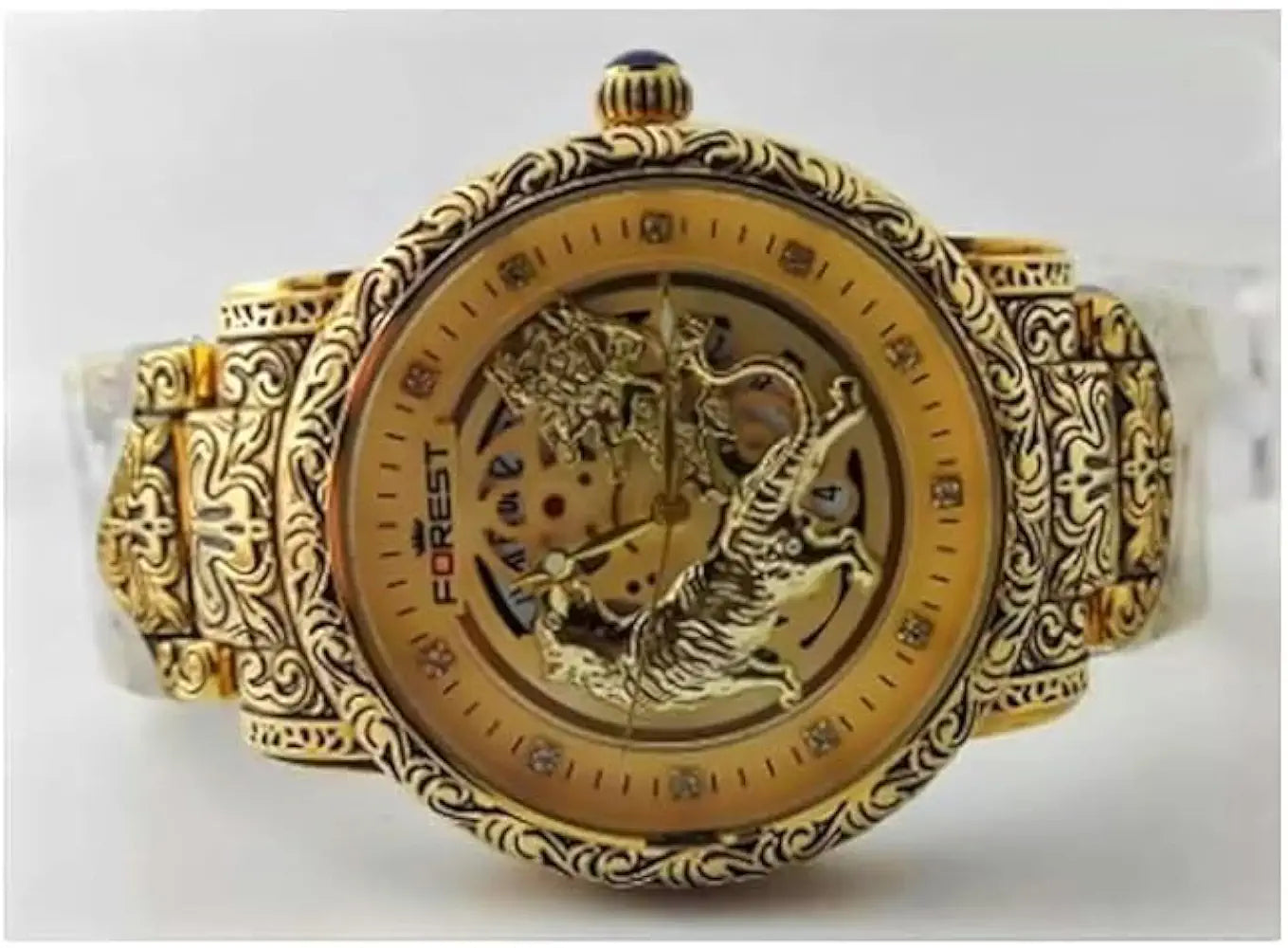 Luxury Gold-Tone Tiger Skeleton Dial Watch, Vintage Carved Pattern Band, Quartz Movement