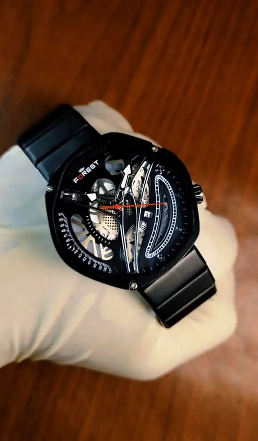 Forest Skeleton Watch, Black Case, Mechanical Movement, Metalic Bracelet, Red Second Hand and Silver Hours/Minutes Hands.