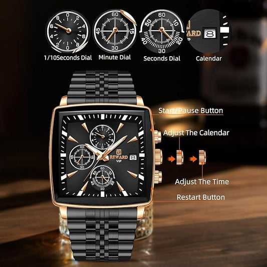 REWARD Square Men's Watches Luxury Fashion Analog Quartz Watch Classic Large Dial Chronograph Waterproof Luminous Date Stainless Steel Business Watches for Men