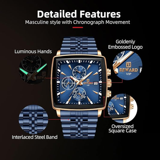 REWARD Square Men's Watches Luxury Fashion Analog Quartz Watch Classic Large Dial Chronograph Waterproof Luminous Date Stainless Steel Business Watches for Men