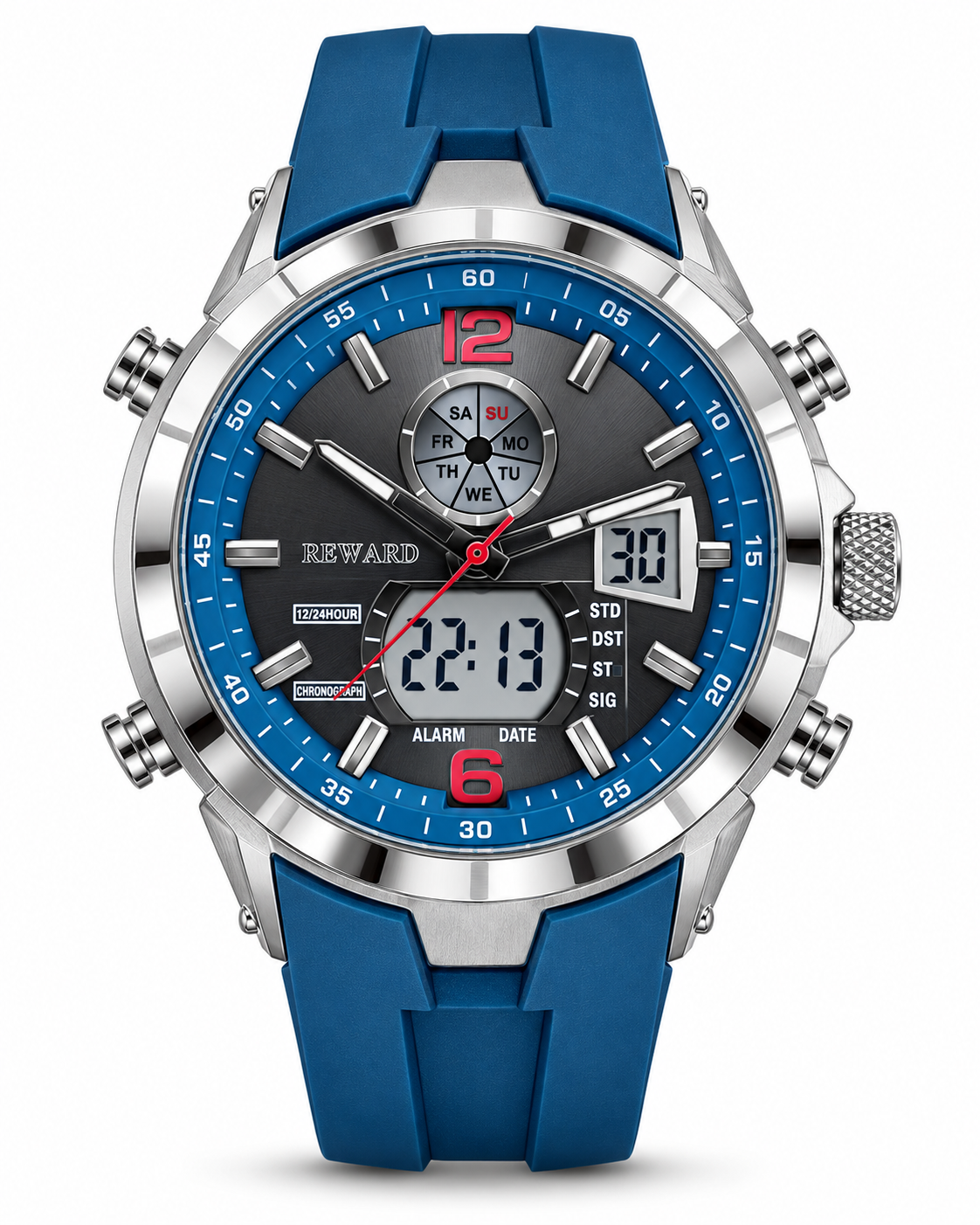 REWARD Blue & Silver Analog Digital Men's Watch – Multifunction Sports Watch