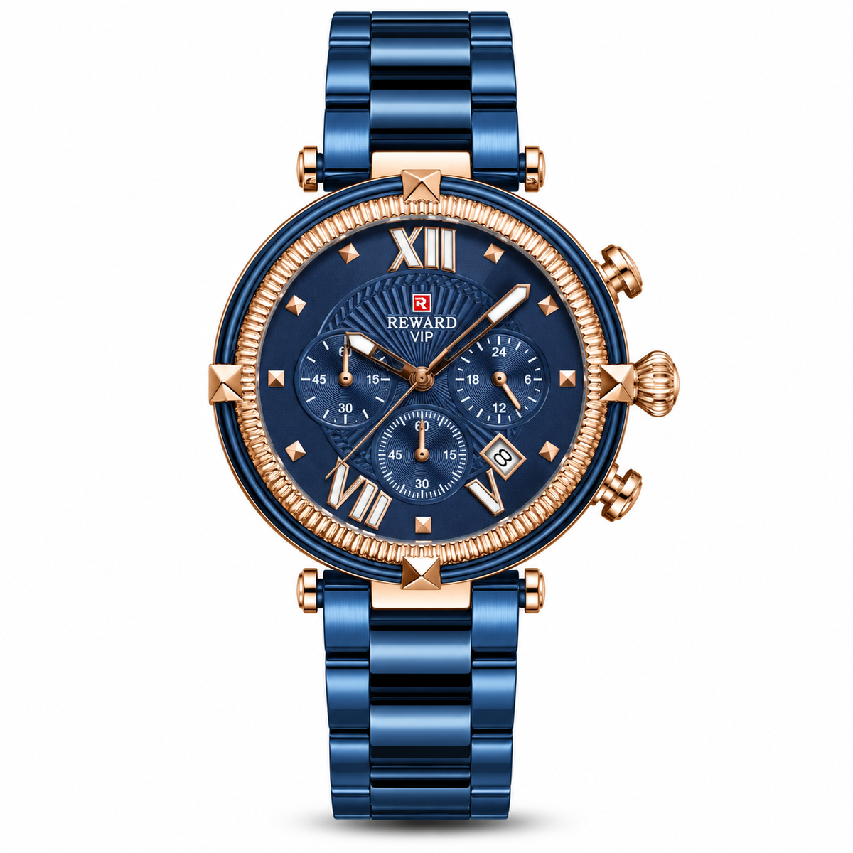 REWARD VIP Blue & Rose Gold Women's Watch – Multi-Dial Design & Blue Metal Bracelet