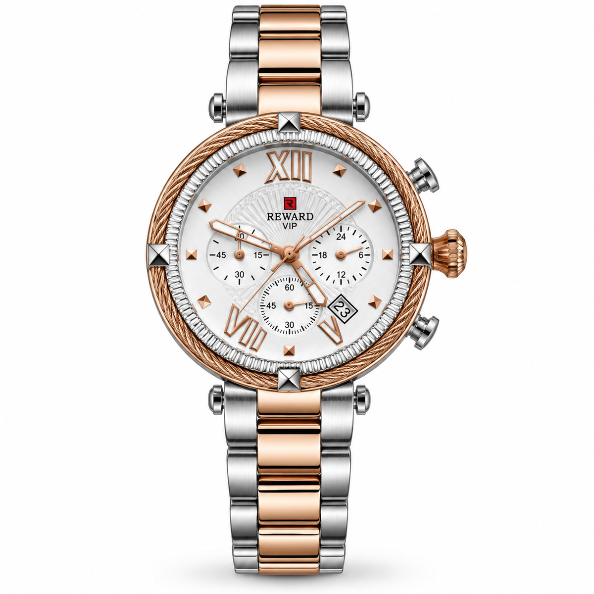 REWARD VIP White Dial Women's Watch – Rose Gold & Silver Two-Tone Bracelet