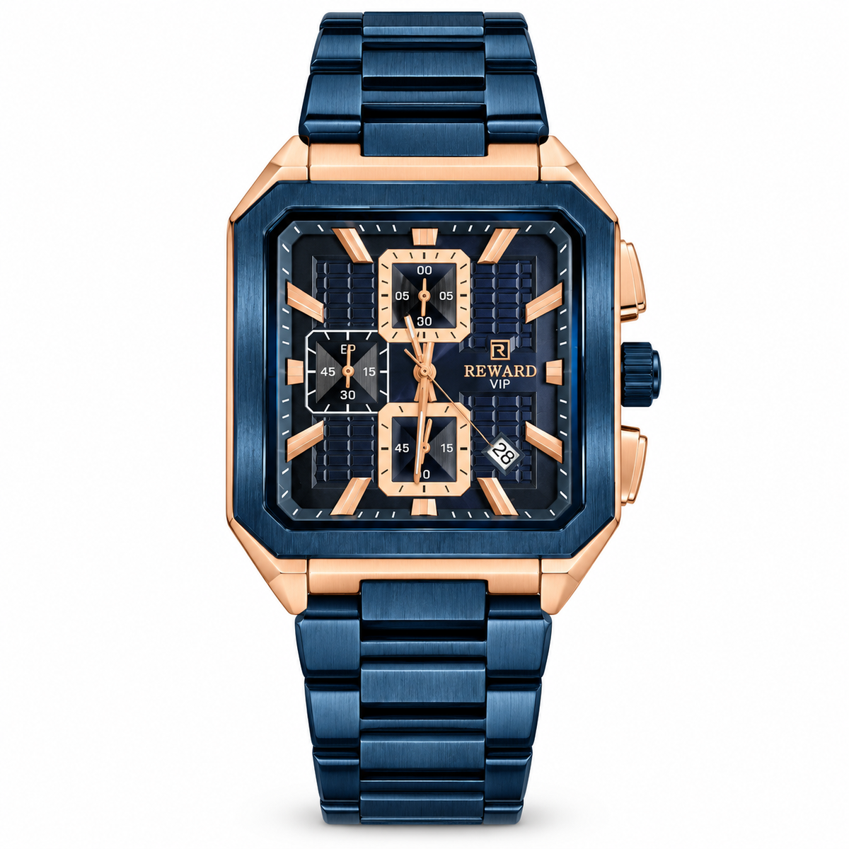 REWARD VIP Blue & Rose Gold Square Dial Men's Watch – Multi-Dial Metal Bracelet