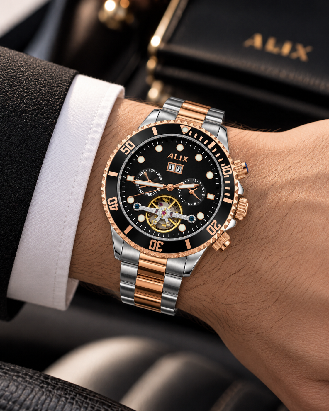 ALIX Black Dial Silver & Rose Gold Men's Automatic-Style Watch – With Original ALIX Box