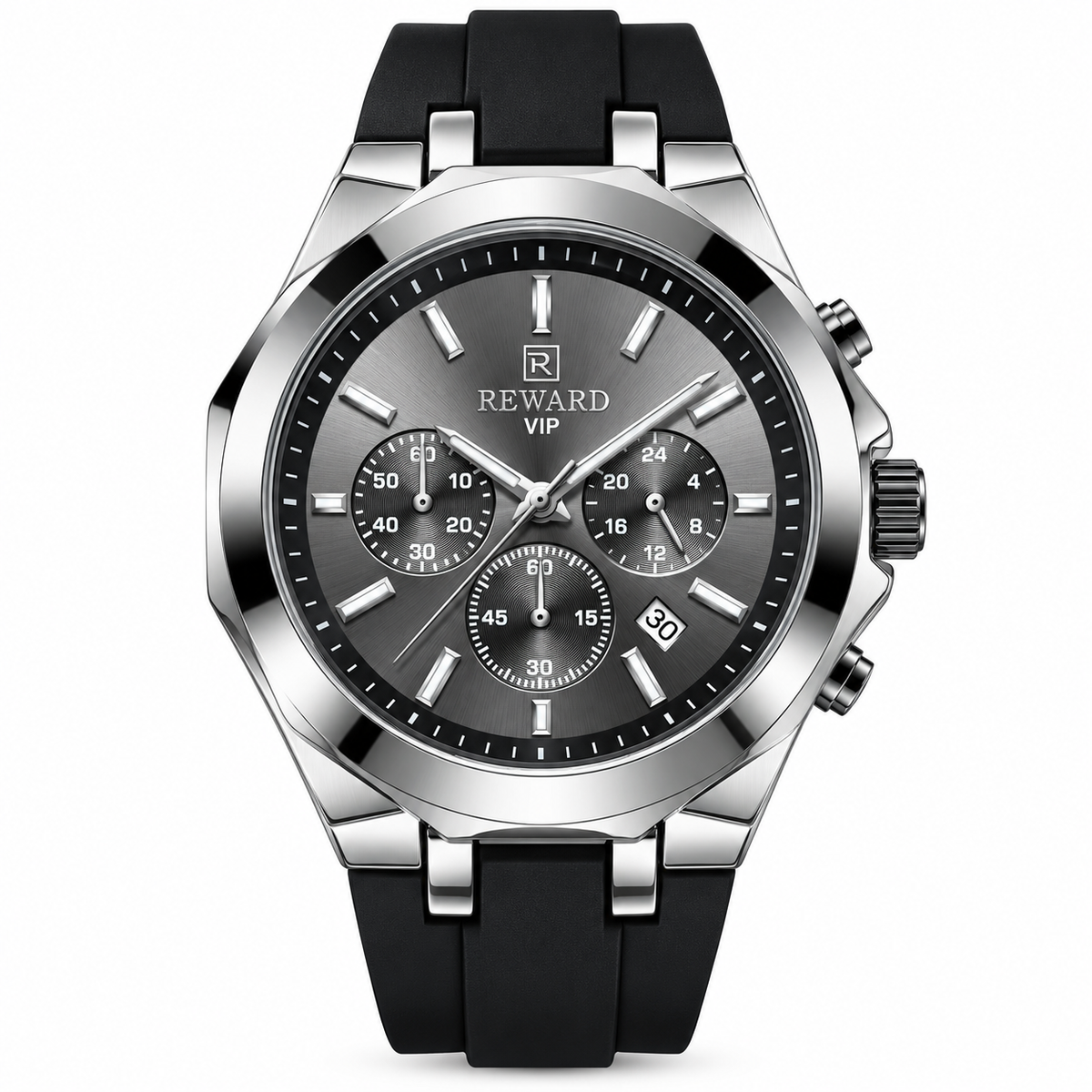 REWARD VIP Grey Dial Silver Chronograph Men's Watch – Black Strap