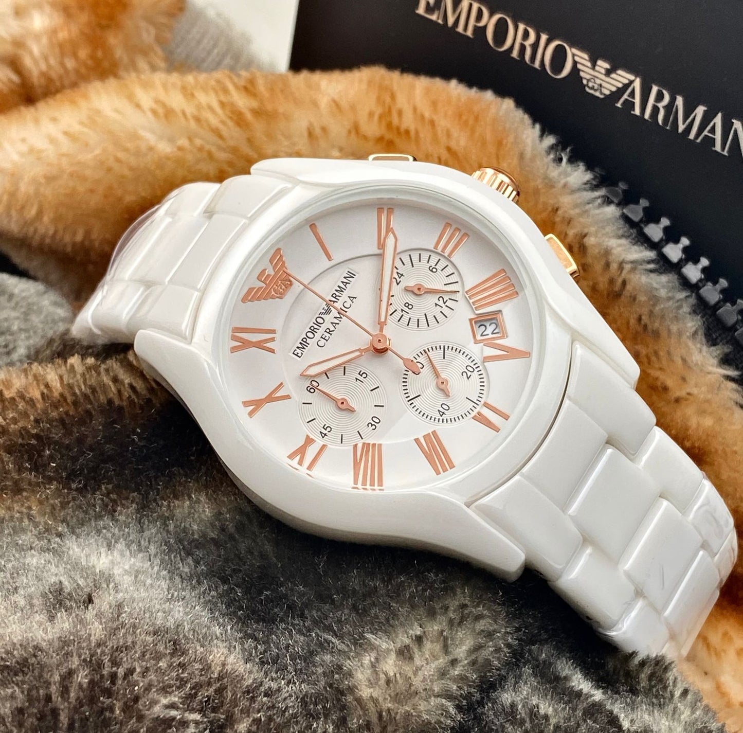 Emporio Armani Ceramica White Ceramic Chronograph Watch – Rose Gold Dial | Premium Luxury Men's Watch