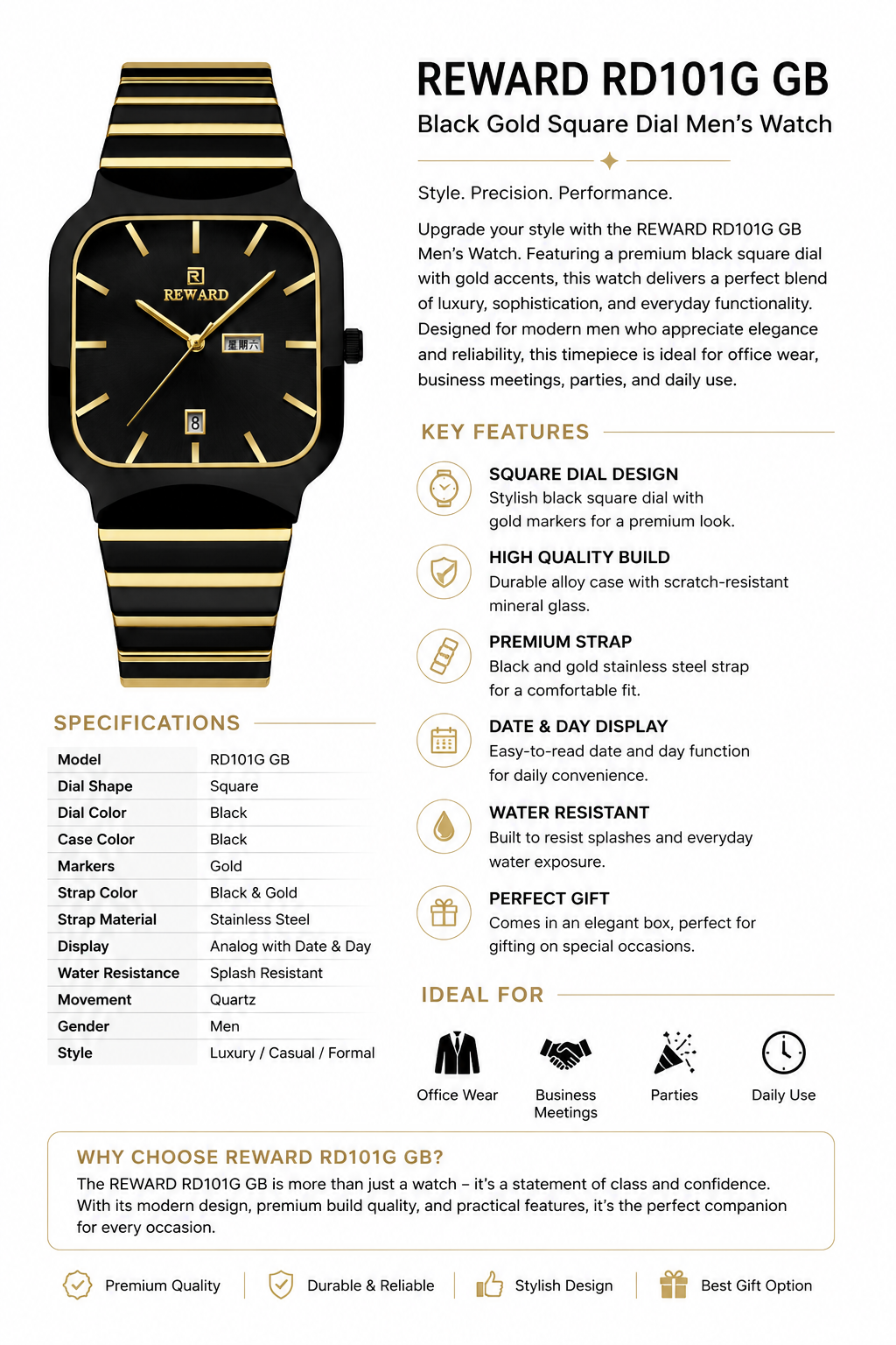 REWARD RD101G GB Black Gold Square Dial Men's Watch | Premium Stainless Steel Fashion Watch