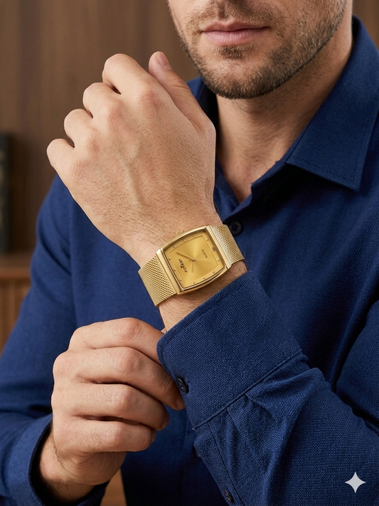 Forest Luxury Gold-Tone Dial Wrist Watches Pattern Band, Quartz Movement for Men