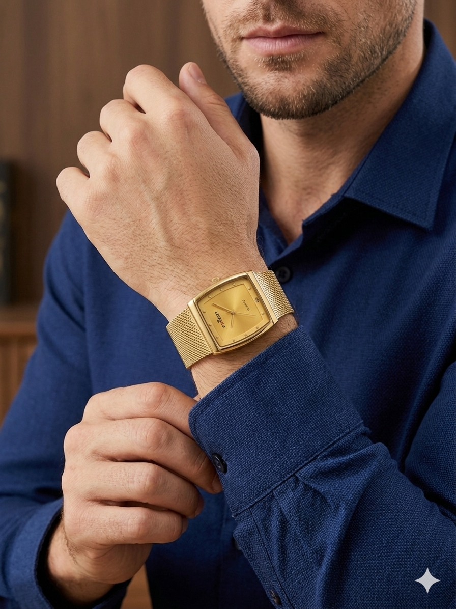 Forest Luxury Gold-Tone Dial Wrist Watches  Pattern Band, Quartz Movement for Men