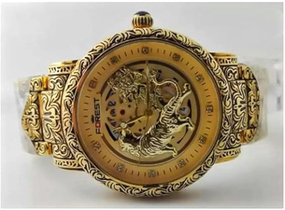 Luxury Gold-Tone Tiger Skeleton Dial Watch, Vintage Carved Pattern Band, Quartz Movement