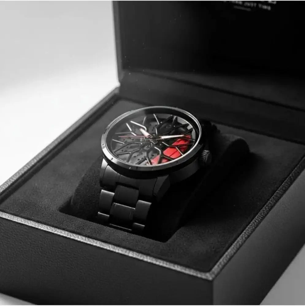 Spinner Rim Wheel Design Watch, Black with Red Accents, Stainless Steel Bracelet, Automotive Theme