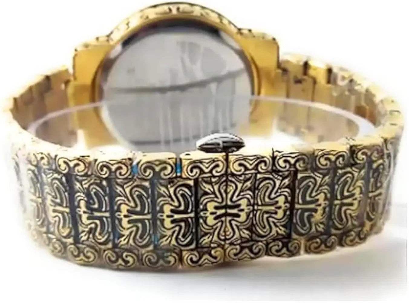 Luxury Gold-Tone Tiger Skeleton Dial Watch, Vintage Carved Pattern Band, Quartz Movement