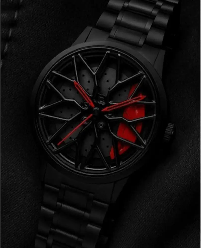 Spinner Rim Wheel Design Watch, Black with Red Accents, Stainless Steel Bracelet, Automotive Theme