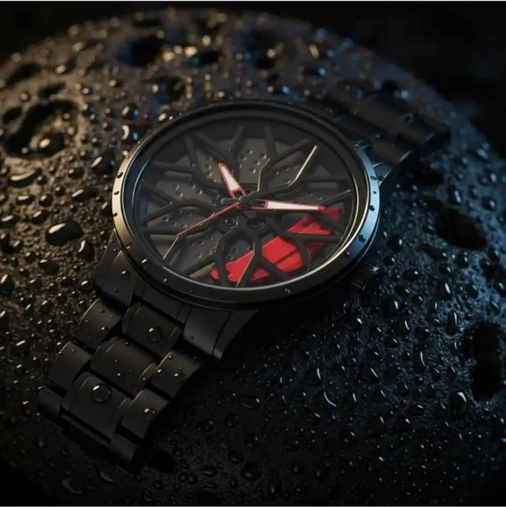 Spinner Rim Wheel Design Watch, Black with Red Accents, Stainless Steel Bracelet, Automotive Theme