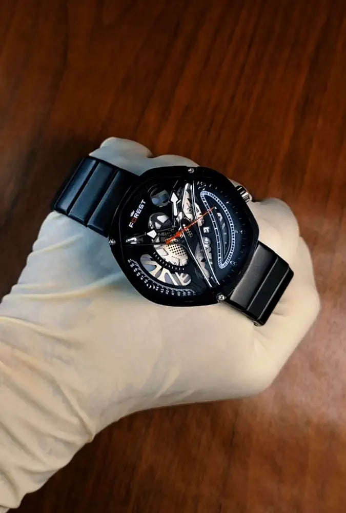 Forest Skeleton Watch, Black Case, Mechanical Movement, Metalic Bracelet, Red Second Hand and Silver Hours/Minutes Hands.