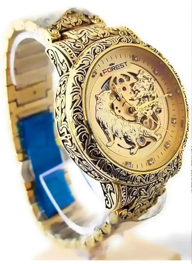 Luxury Gold-Tone Tiger Skeleton Dial Watch, Vintage Carved Pattern Band, Quartz Movement