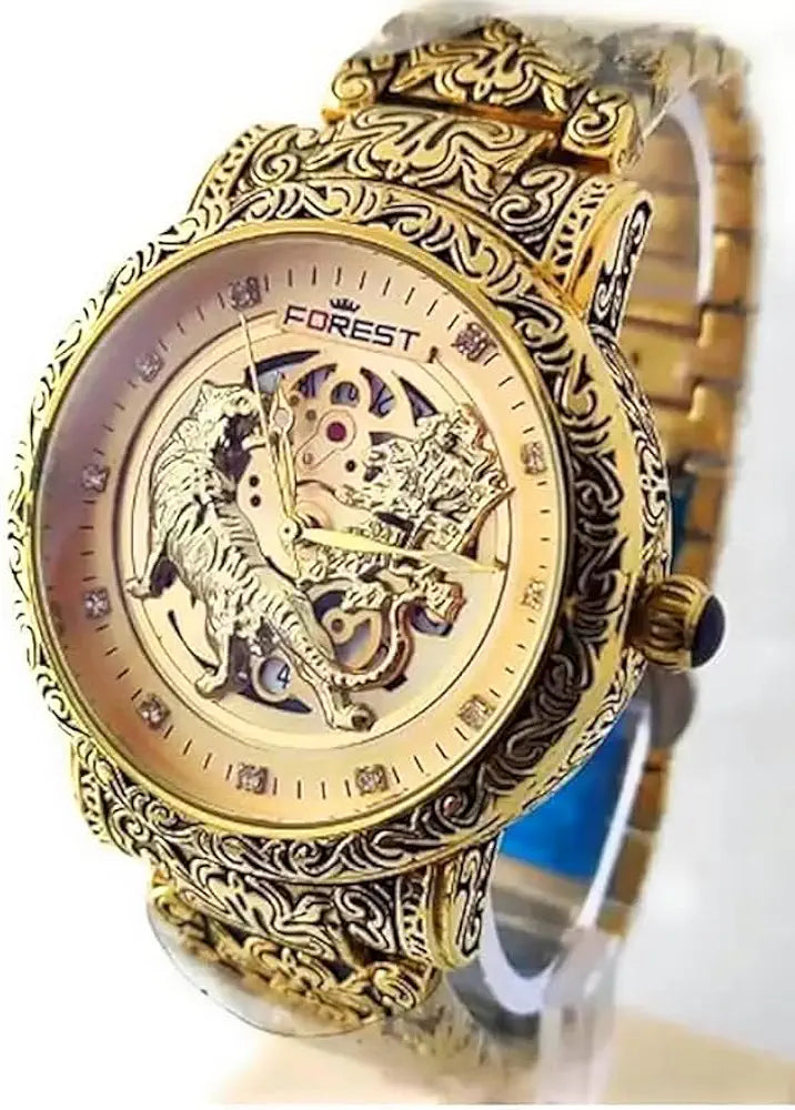 Luxury Gold-Tone Tiger Skeleton Dial Watch, Vintage Carved Pattern Band, Quartz Movement