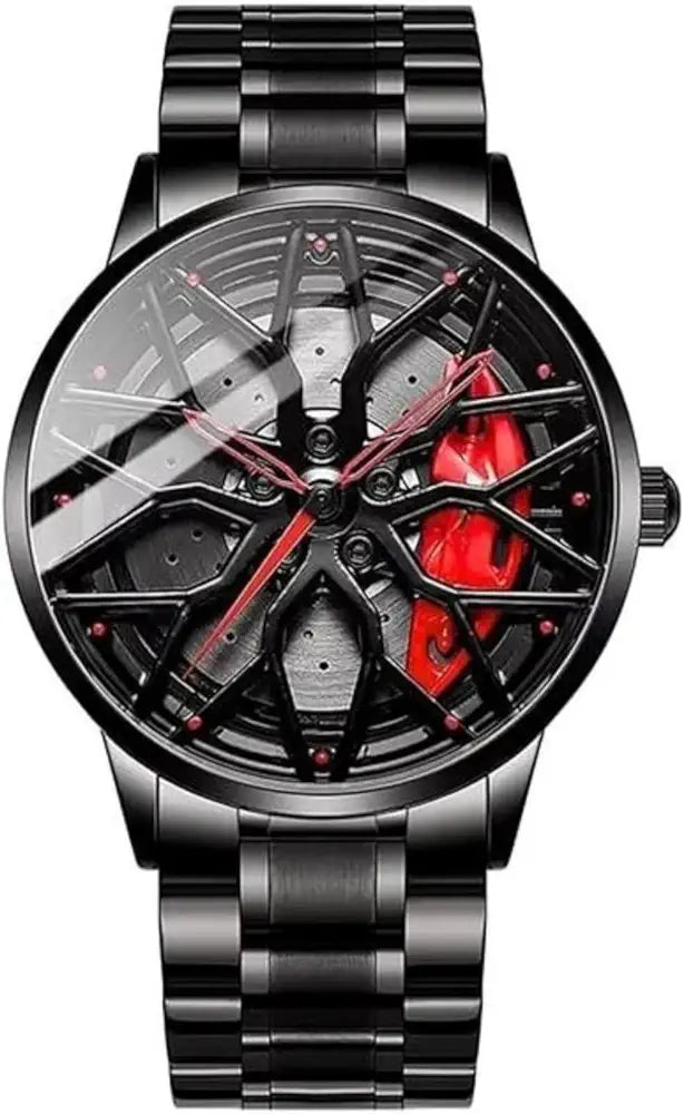 Spinner Rim Wheel Design Watch, Black with Red Accents, Stainless Steel Bracelet, Automotive Theme