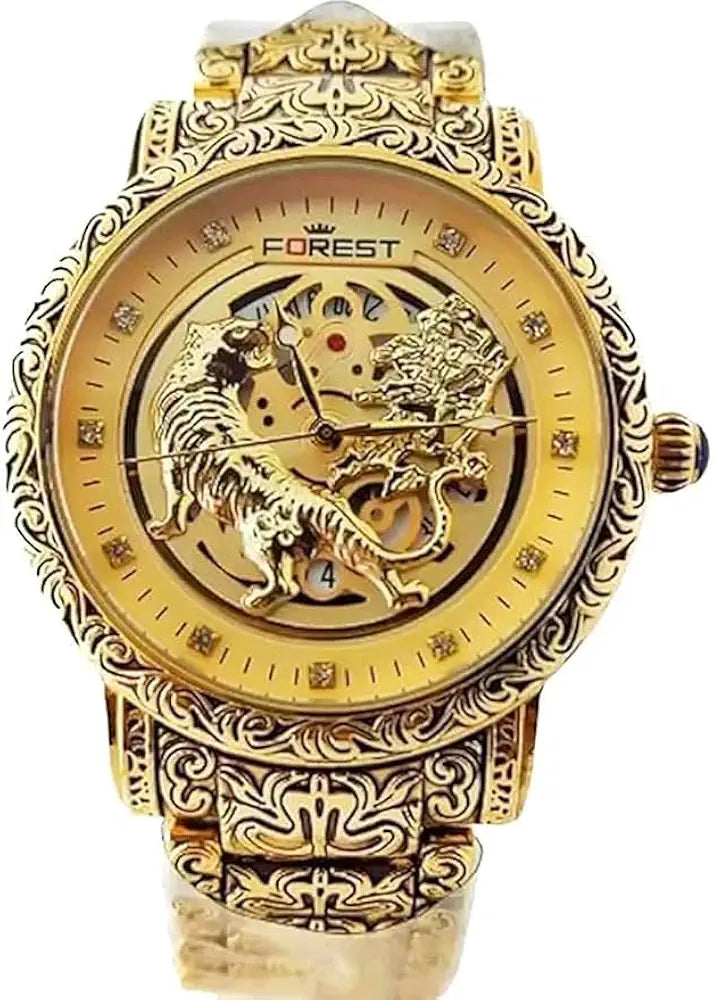 Luxury Gold-Tone Tiger Skeleton Dial Watch, Vintage Carved Pattern Band, Quartz Movement