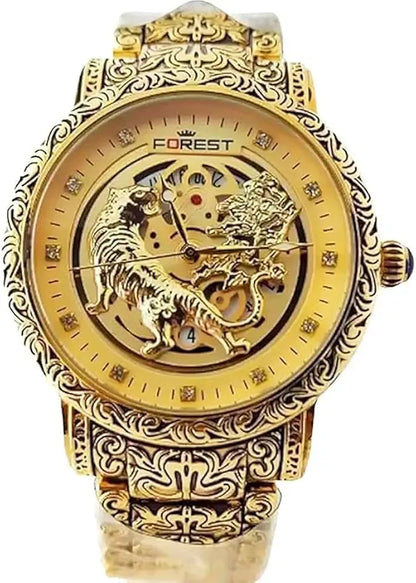 Luxury Gold-Tone Tiger Skeleton Dial Watch, Vintage Carved Pattern Band, Quartz Movement