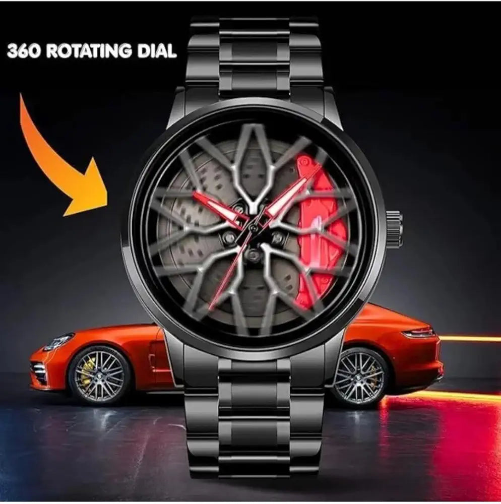 Spinner Rim Wheel Design Watch, Black with Red Accents, Stainless Steel Bracelet, Automotive Theme