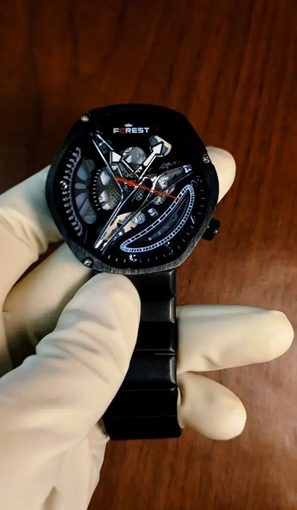 Forest Skeleton Watch, Black Case, Mechanical Movement, Metalic Bracelet, Red Second Hand and Silver Hours/Minutes Hands.