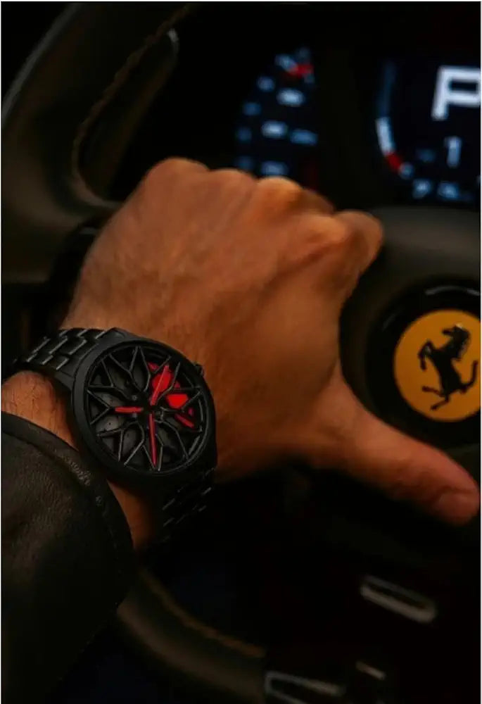 Spinner Rim Wheel Design Watch, Black with Red Accents, Stainless Steel Bracelet, Automotive Theme