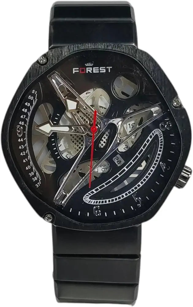 Forest Skeleton Watch, Black Case, Mechanical Movement, Metalic Bracelet, Red Second Hand and Silver Hours/Minutes Hands.