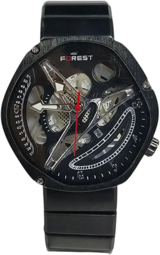 Forest Skeleton Watch, Black Case, Mechanical Movement, Metalic Bracelet, Red Second Hand and Silver Hours/Minutes Hands.