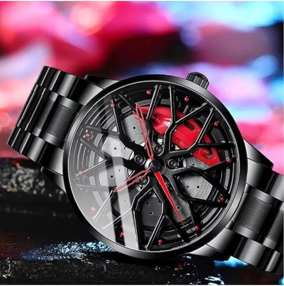 Spinner Rim Wheel Design Watch, Black with Red Accents, Stainless Steel Bracelet, Automotive Theme