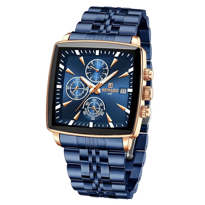 REWARD Square Men's Watches Luxury Fashion Analog Quartz Watch Classic Large Dial Chronograph Waterproof Luminous Date Stainless Steel Business Watches for Men