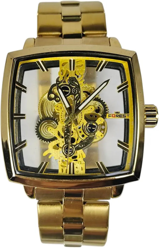 Luxury Men's Skeleton Mechanical Analog Watch | Golden Rectangular Dial | Automatic Movement | Transparent Gear Display | Premium Stainless Steel Strap | Forest Wrist Watch