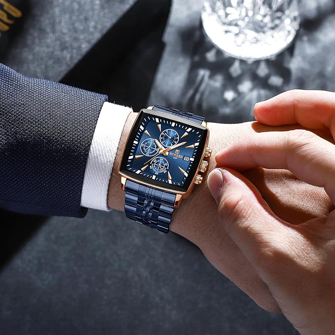 REWARD Square Men's Watches Luxury Fashion Analog Quartz Watch Classic Large Dial Chronograph Waterproof Luminous Date Stainless Steel Business Watches for Men