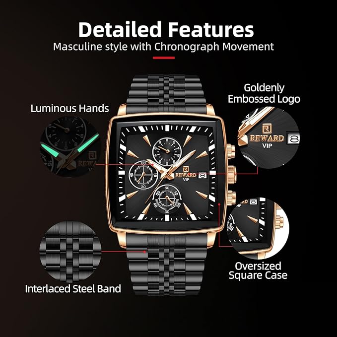 REWARD Square Men's Watches Luxury Fashion Analog Quartz Watch Classic Large Dial Chronograph Waterproof Luminous Date Stainless Steel Business Watches for Men