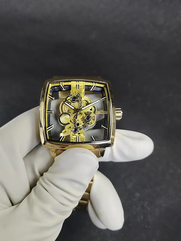 Luxury Men's Skeleton Mechanical Analog Watch | Golden Rectangular Dial | Automatic Movement | Transparent Gear Display | Premium Stainless Steel Strap | Forest Wrist Watch