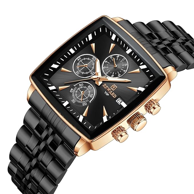 REWARD Square Men's Watches Luxury Fashion Analog Quartz Watch Classic Large Dial Chronograph Waterproof Luminous Date Stainless Steel Business Watches for Men