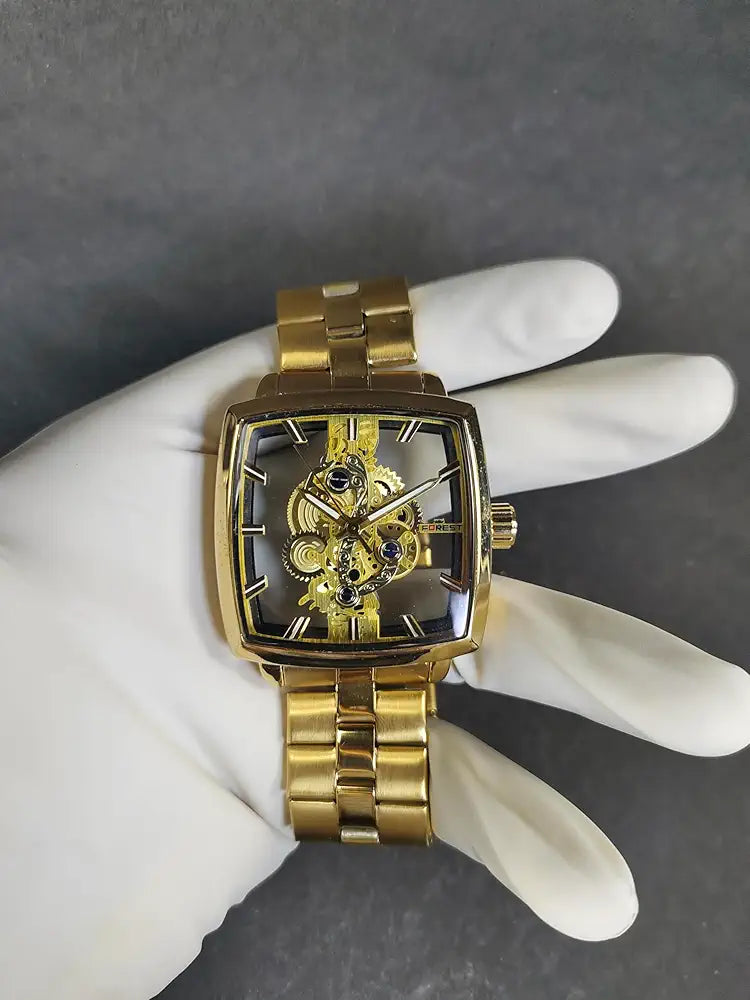 Luxury Men's Skeleton Mechanical Analog Watch | Golden Rectangular Dial | Automatic Movement | Transparent Gear Display | Premium Stainless Steel Strap | Forest Wrist Watch