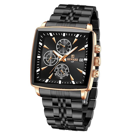 REWARD Square Men's Watches Luxury Fashion Analog Quartz Watch Classic Large Dial Chronograph Waterproof Luminous Date Stainless Steel Business Watches for Men