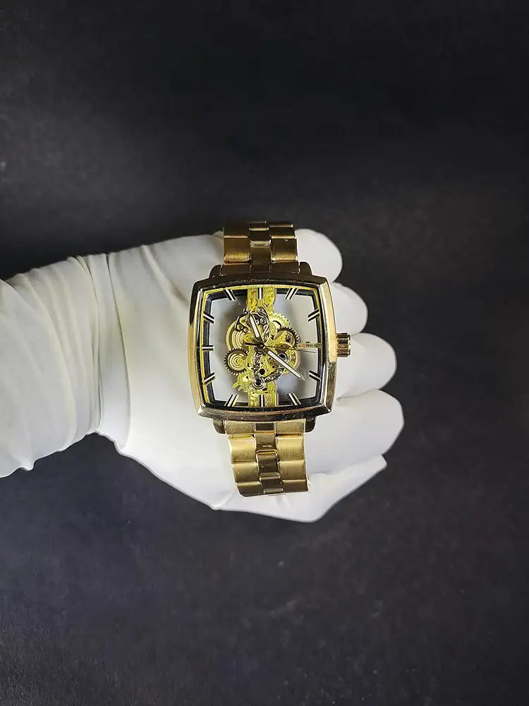 Luxury Men's Skeleton Mechanical Analog Watch | Golden Rectangular Dial | Automatic Movement | Transparent Gear Display | Premium Stainless Steel Strap | Forest Wrist Watch