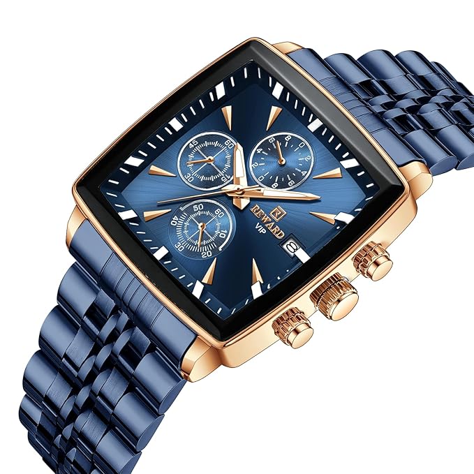 REWARD Square Men's Watches Luxury Fashion Analog Quartz Watch Classic Large Dial Chronograph Waterproof Luminous Date Stainless Steel Business Watches for Men