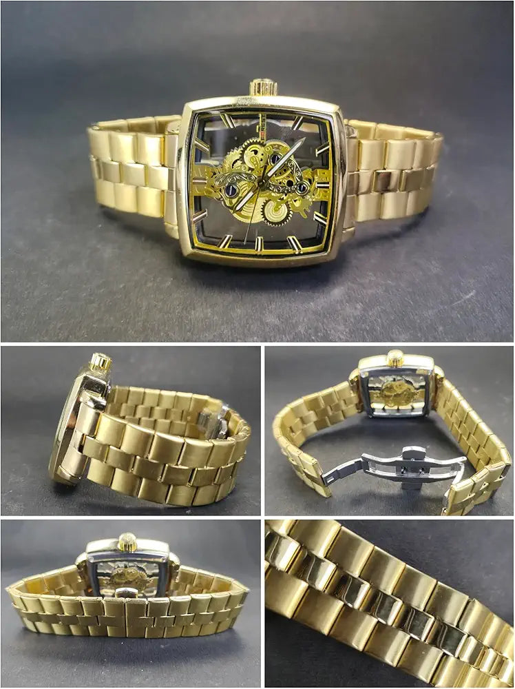 Luxury Men's Skeleton Mechanical Analog Watch | Golden Rectangular Dial | Automatic Movement | Transparent Gear Display | Premium Stainless Steel Strap | Forest Wrist Watch