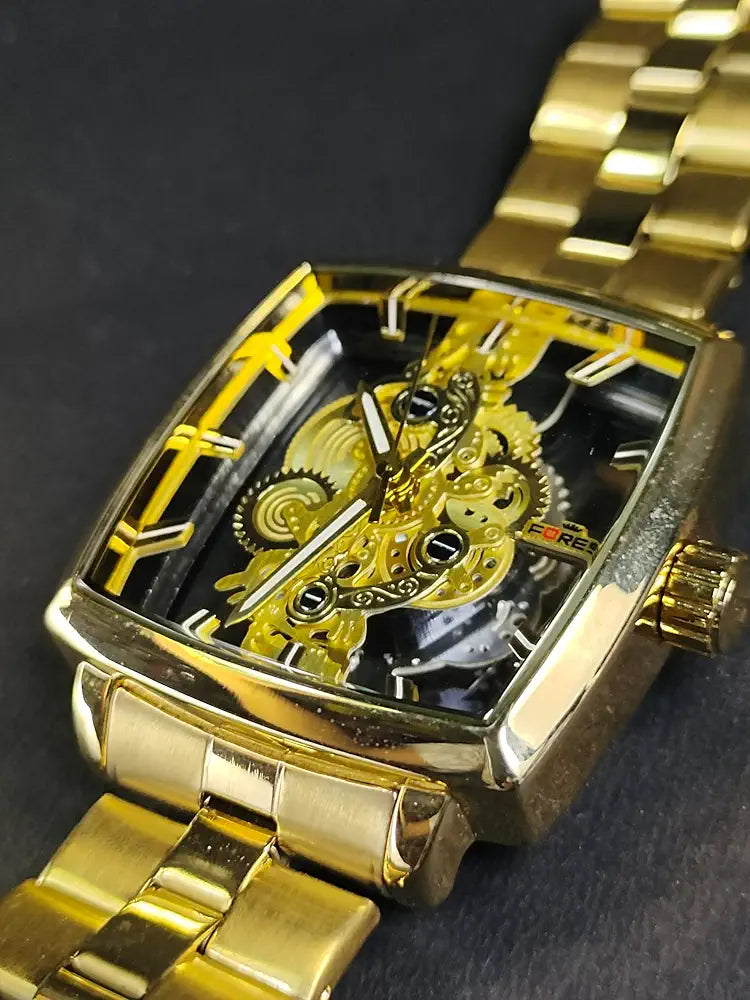 Luxury Men's Skeleton Mechanical Analog Watch | Golden Rectangular Dial | Automatic Movement | Transparent Gear Display | Premium Stainless Steel Strap | Forest Wrist Watch