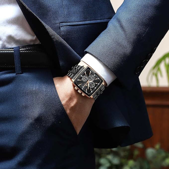 REWARD Square Men's Watches Luxury Fashion Analog Quartz Watch Classic Large Dial Chronograph Waterproof Luminous Date Stainless Steel Business Watches for Men