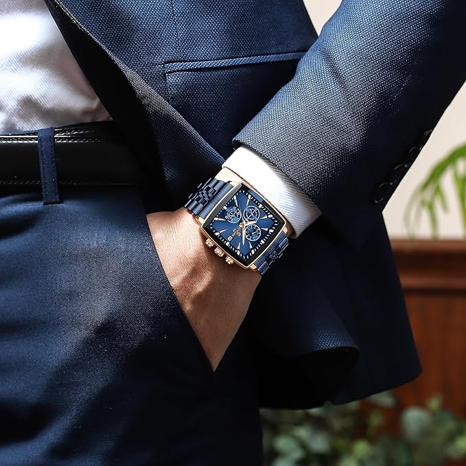 REWARD Square Men's Watches Luxury Fashion Analog Quartz Watch Classic Large Dial Chronograph Waterproof Luminous Date Stainless Steel Business Watches for Men
