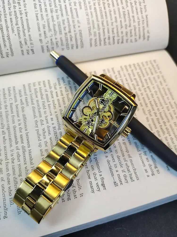 Luxury Men's Skeleton Mechanical Analog Watch | Golden Rectangular Dial | Automatic Movement | Transparent Gear Display | Premium Stainless Steel Strap | Forest Wrist Watch