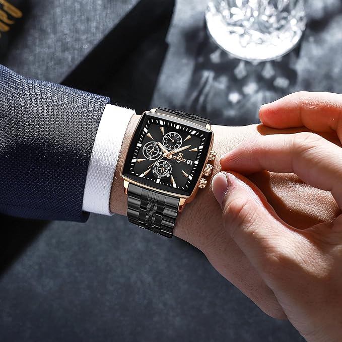 REWARD Square Men's Watches Luxury Fashion Analog Quartz Watch Classic Large Dial Chronograph Waterproof Luminous Date Stainless Steel Business Watches for Men