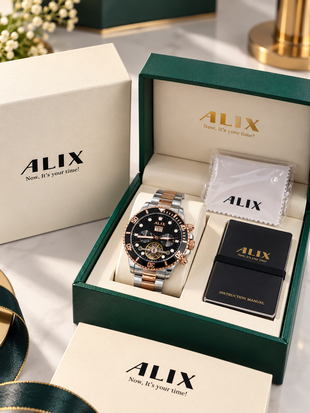ALIX Black Dial Silver &amp; Rose Gold Men's Automatic-Style Watch – With Original ALIX Box