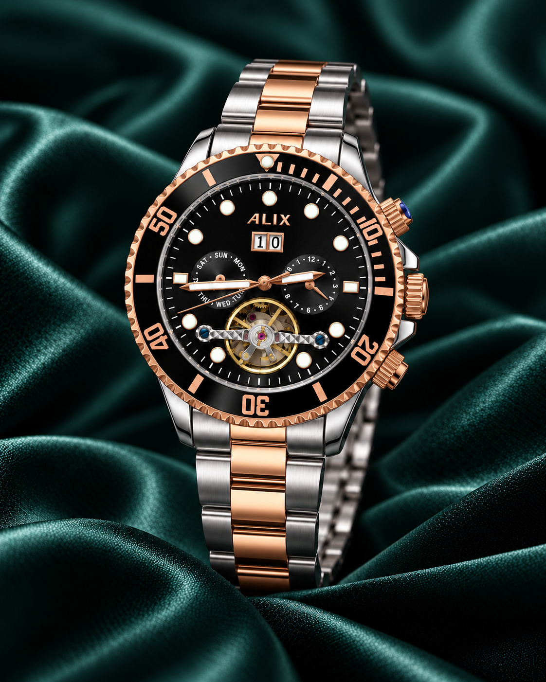 ALIX Black Dial Silver &amp; Rose Gold Men's Automatic-Style Watch – With Original ALIX Box