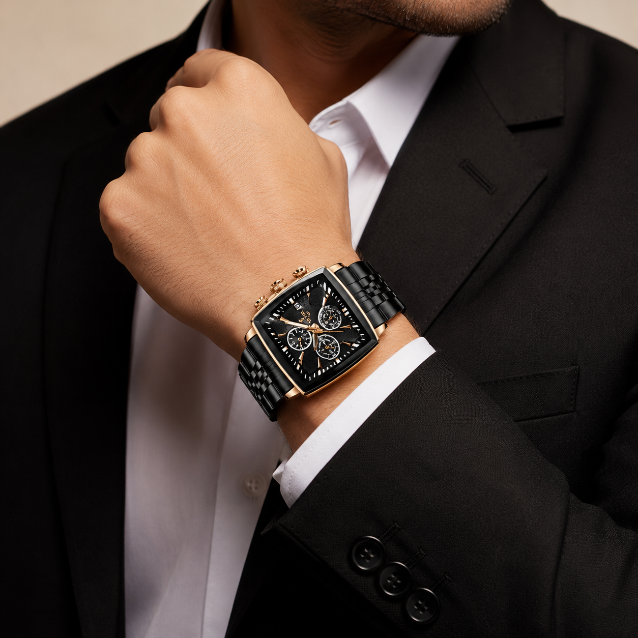 REWARD Square Men's Watches Luxury Fashion Analog Quartz Watch Classic Large Dial Chronograph Waterproof Luminous Date Stainless Steel Business Watches for Men